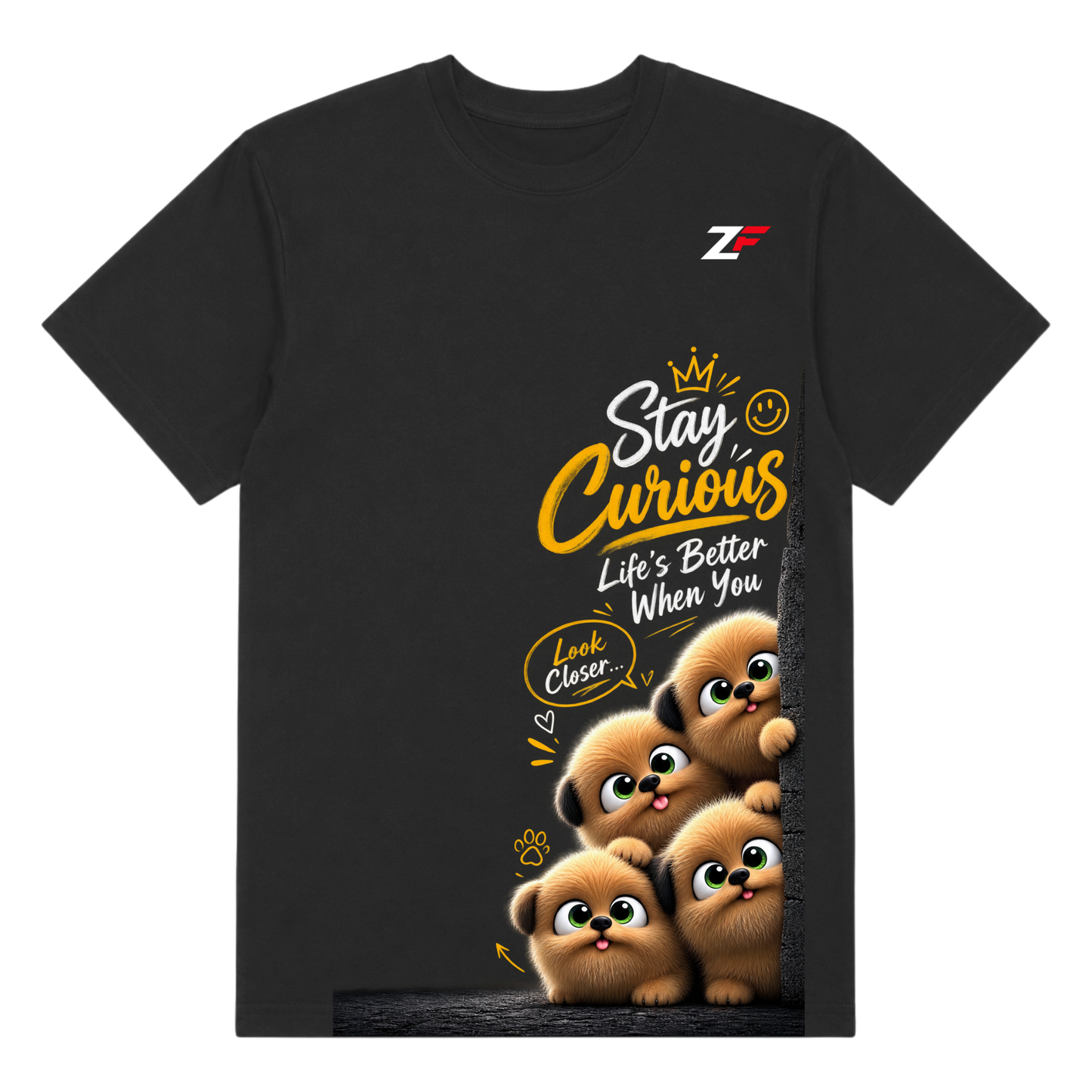 Stay Curious Puppy Graphic T-Shirt – Life’s Better When You Look Closer Tee