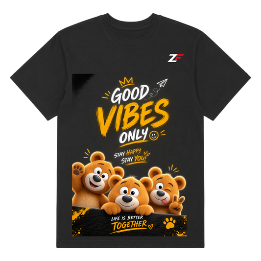 Good Vibes Only Bear T-Shirt | Cute Friendship Bear Graphic Printed Black Tee
