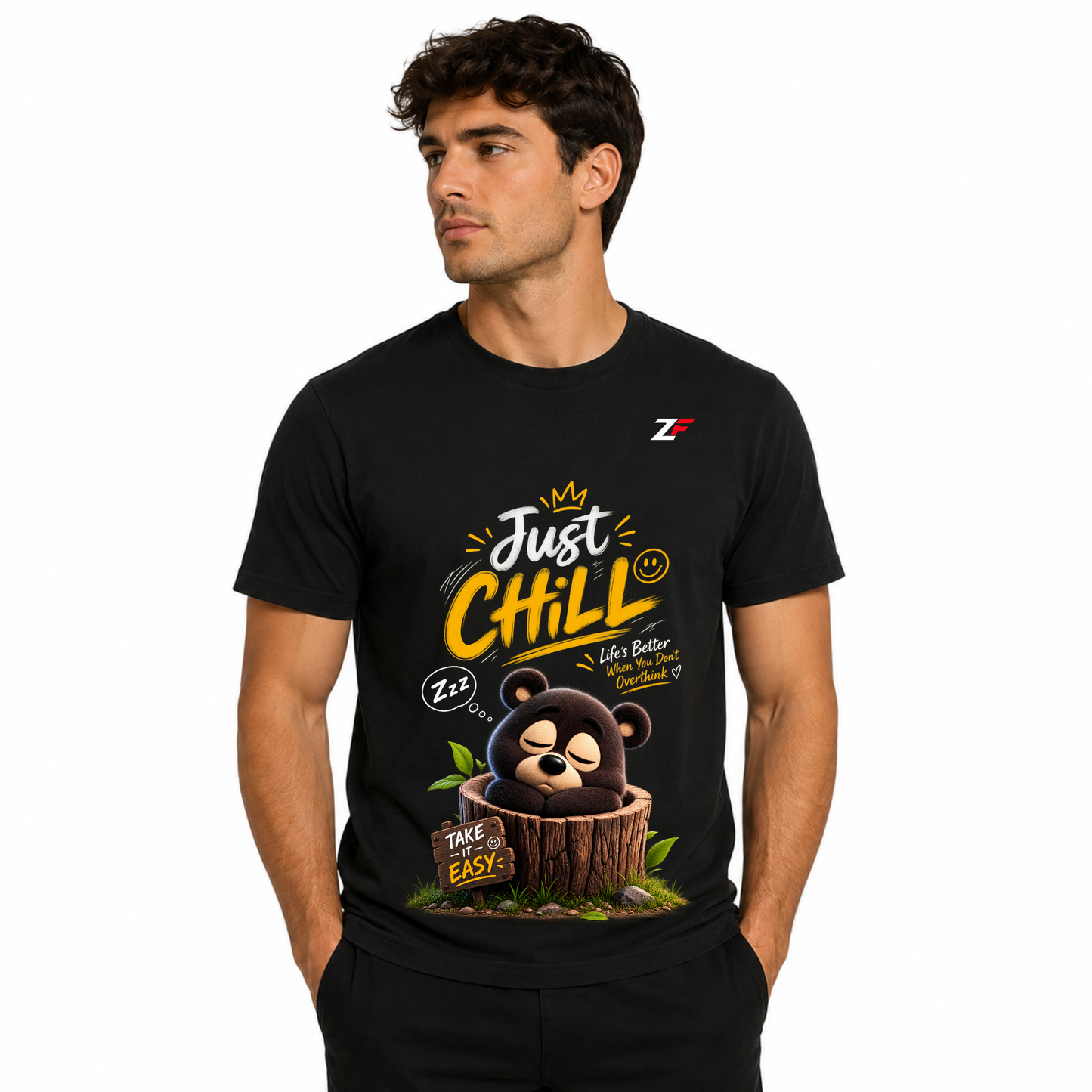 Just Chill Bear T-Shirt | Take It Easy Motivational Graphic Black Tee