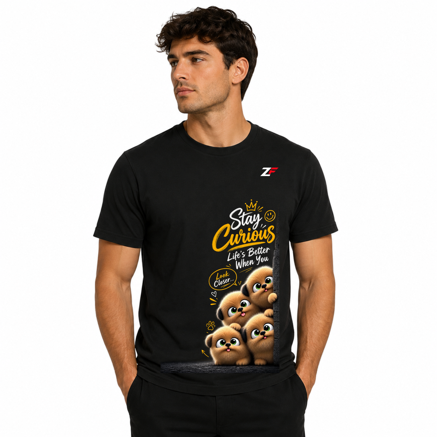Stay Curious Puppy Graphic T-Shirt – Life’s Better When You Look Closer Tee