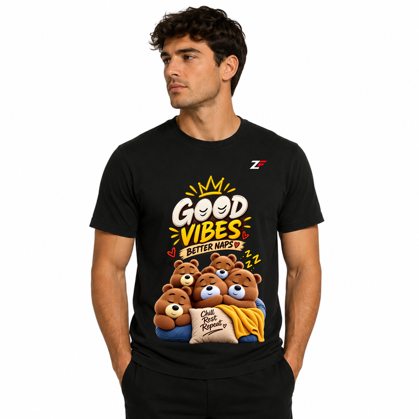 Good Vibes Better Naps T-Shirt | Cute Sleeping Bear Graphic Printed Black Tee