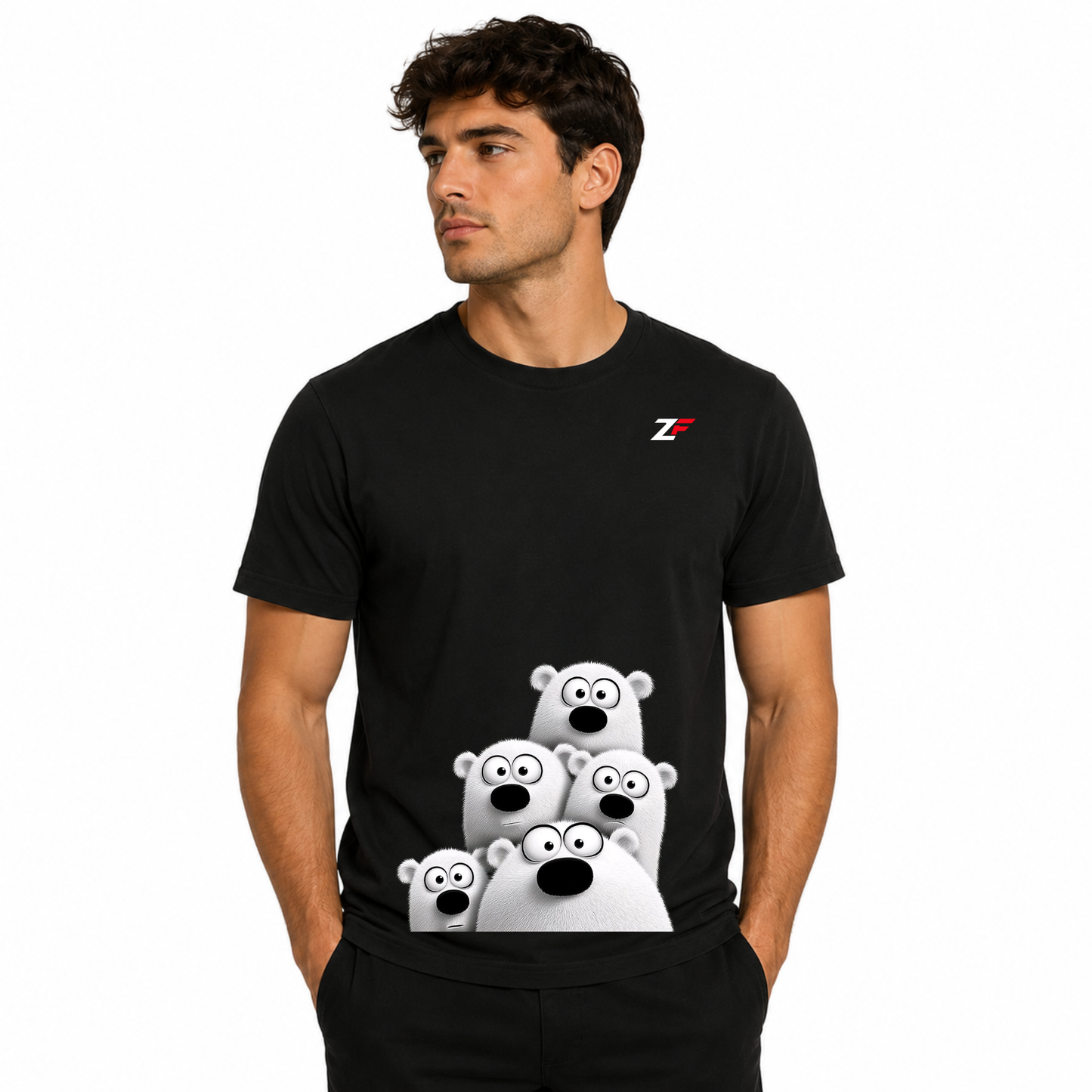 Cute Polar Bear Family T-Shirt | Adorable Bear Graphic Printed Black Tee