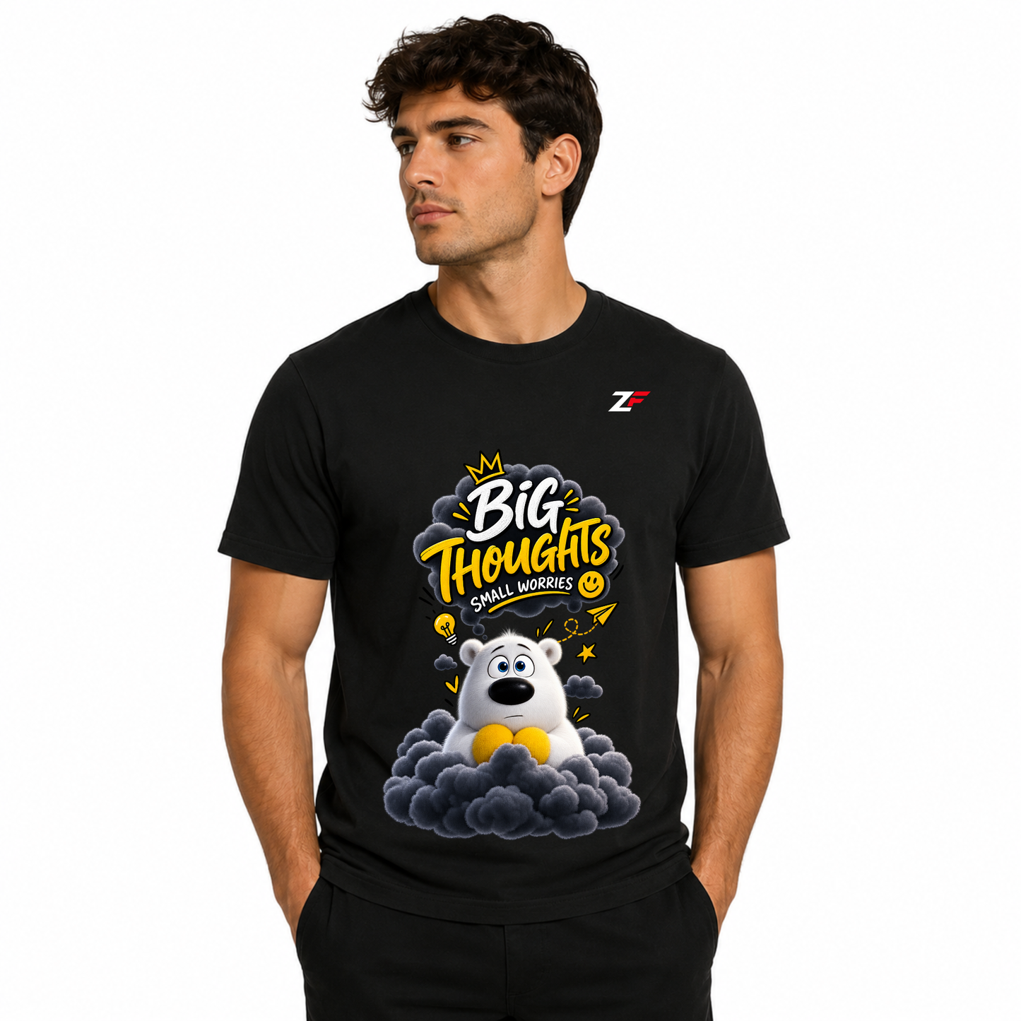 Big Thoughts Small Worries T-Shirt | Cute Bear Graphic White Tee