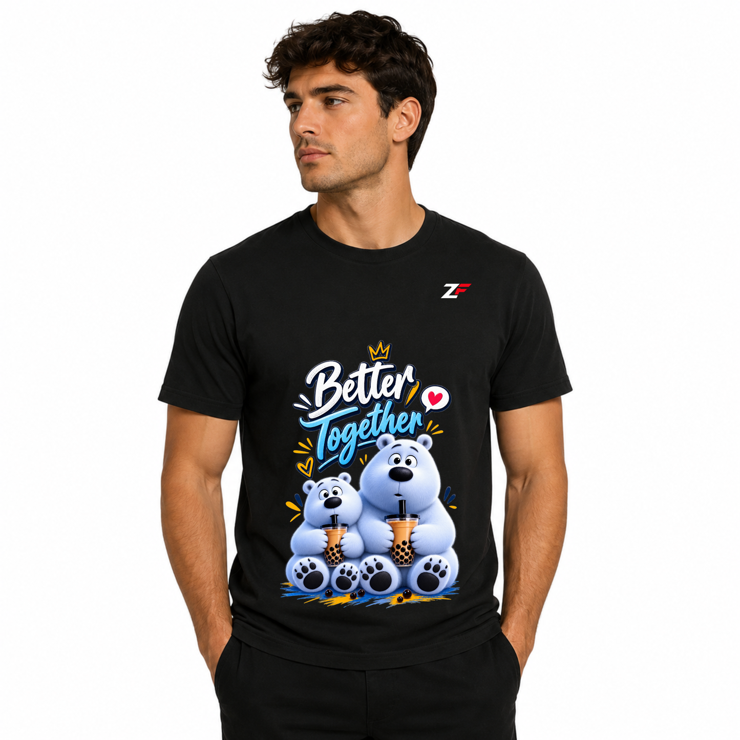 Better Together Bear T-Shirt | Cute Couple Bear Graphic Printed Black Tee
