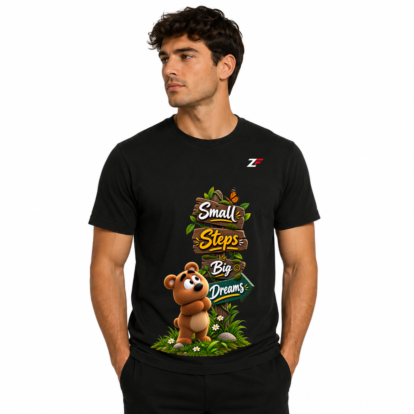Small Steps Big Dreams Bear T-Shirt | Motivational Graphic Printed Black Tee