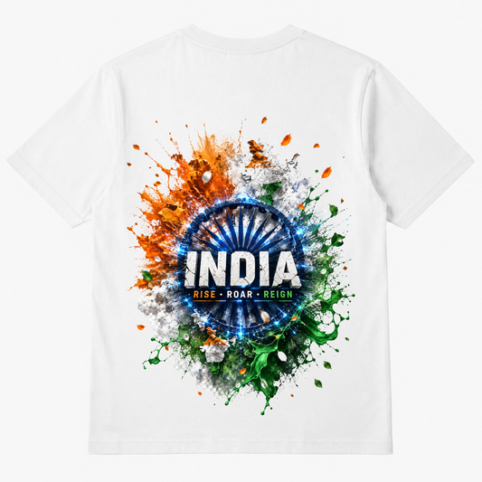 India Rise Roar Reign T-Shirt | Patriotic Ashoka Chakra Graphic Tee