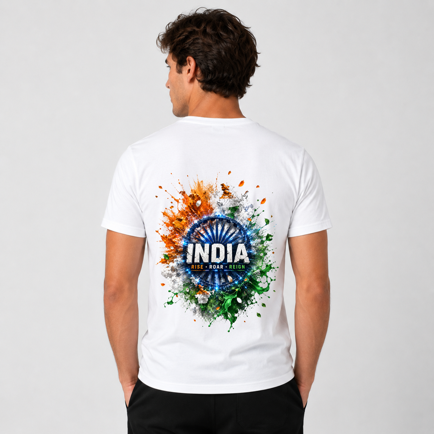 India Rise Roar Reign T-Shirt | Patriotic Ashoka Chakra Graphic Tee